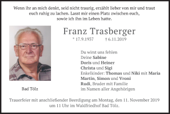 Todesanzeige von Franz Trasberger von merkurtz