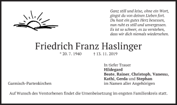 Todesanzeige von Friedrich Franz Haslinger von merkurtz