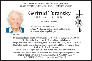 Todesanzeige von Gertrud Turansky von merkurtz