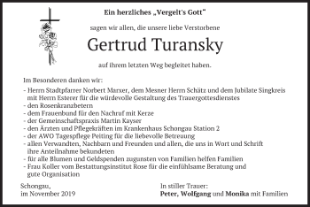 Todesanzeige von Gertrud Turansky von merkurtz