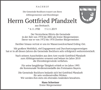 Todesanzeige von Gottfried Pfandzelt von merkurtz