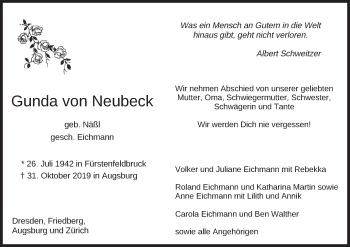 Todesanzeige von Gunda von Neubeck von merkurtz