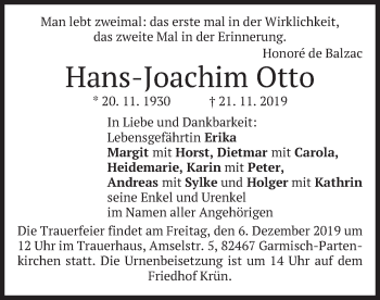 Todesanzeige von Hans-Joachim Otto von merkurtz