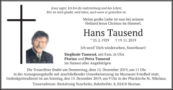 Todesanzeige von Hans Tausend von merkurtz