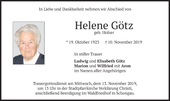 Todesanzeige von Helene Götz von merkurtz