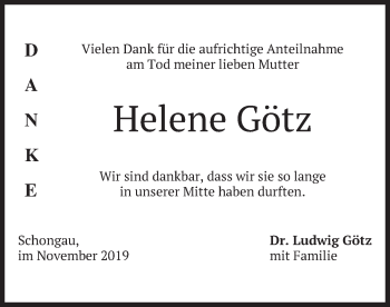 Todesanzeige von Helene Götz von merkurtz