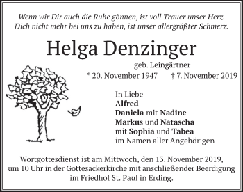 Todesanzeige von Helga Denzinger von merkurtz