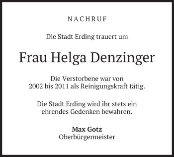Todesanzeige von Helga Denzinger von merkurtz