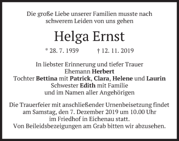 Todesanzeige von Helga Ernst von merkurtz