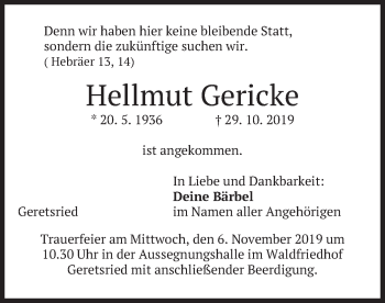Todesanzeige von Hellmut Gericke von merkurtz