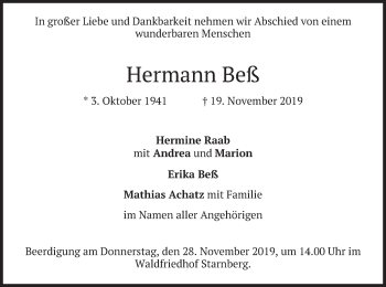 Todesanzeige von Hermann Beß von merkurtz