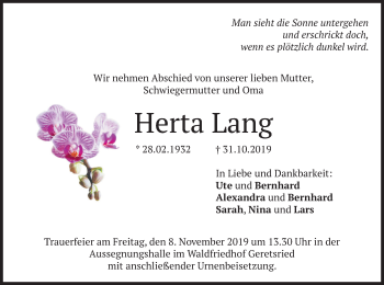 Todesanzeige von Herta Lang von merkurtz
