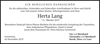 Todesanzeige von Herta Lang von merkurtz