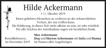 Todesanzeige von Hilde Ackermann von merkurtz