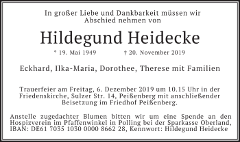 Todesanzeige von Hildegund Heidecke von merkurtz