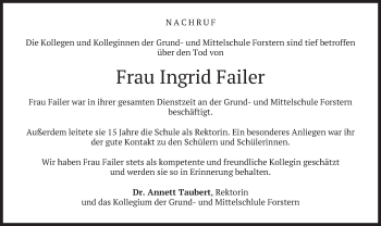 Todesanzeige von Ingrid Failer von merkurtz