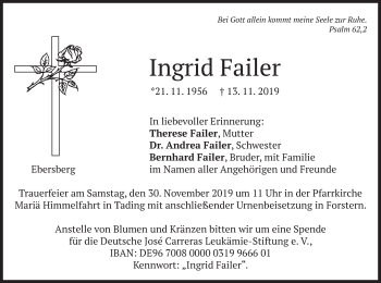 Todesanzeige von Ingrid Failer von merkurtz