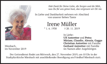 Todesanzeige von Irene Müller von merkurtz