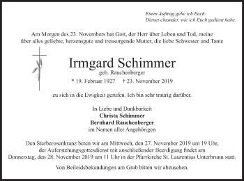 Todesanzeige von Irmgard Schimmer von merkurtz