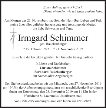 Todesanzeige von Irmgard Schimmer von merkurtz