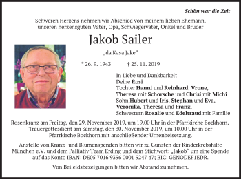 Todesanzeige von Jakob Sailer von merkurtz