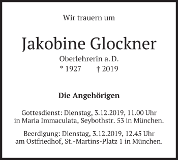 Todesanzeige von Jakobine Glockner von merkurtz