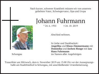 Todesanzeige von Johann Fuhrmann von merkurtz