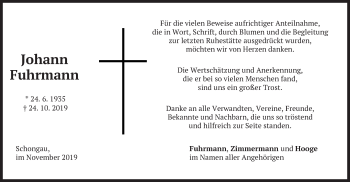 Todesanzeige von Johann Fuhrmann von merkurtz