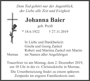 Todesanzeige von Johanna Baier von merkurtz