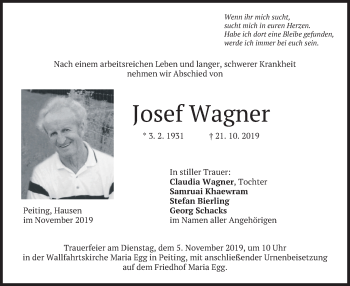 Todesanzeige von Josef Wagner von merkurtz