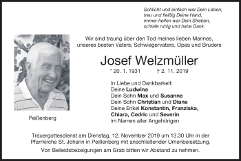 Todesanzeige von Josef Welzmüller von merkurtz