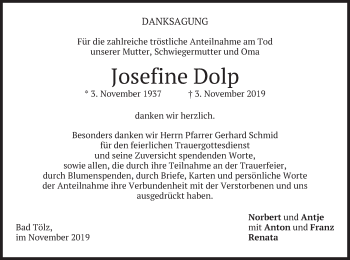 Todesanzeige von Josefine Dolp von merkurtz
