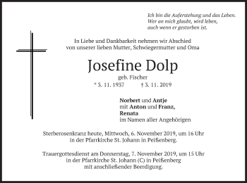 Todesanzeige von Josefine Dolp von merkurtz