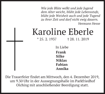 Todesanzeige von Karoline Eberle von merkurtz