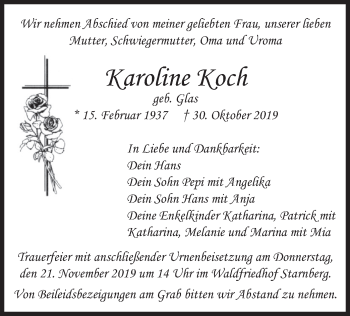 Todesanzeige von Karoline Koch von merkurtz