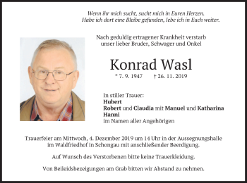 Todesanzeige von Konrad Wasl von merkurtz