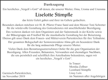 Todesanzeige von Liselotte Stimpfle von merkurtz