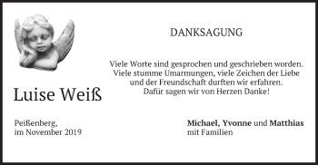 Todesanzeige von Luise Weiß von merkurtz