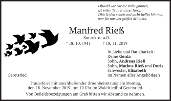 Todesanzeige von Manfred Rieß von merkurtz