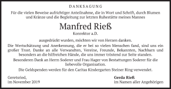 Todesanzeige von Manfred Rieß von merkurtz