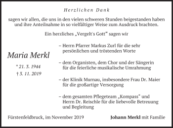 Todesanzeige von Maria Merkl von merkurtz