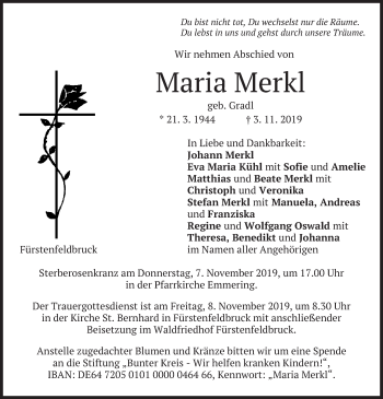 Todesanzeige von Maria Merkl von merkurtz