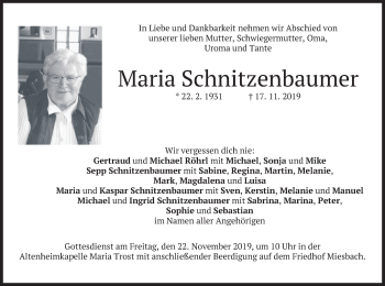 Todesanzeige von Maria Schnitzenbaumer von merkurtz