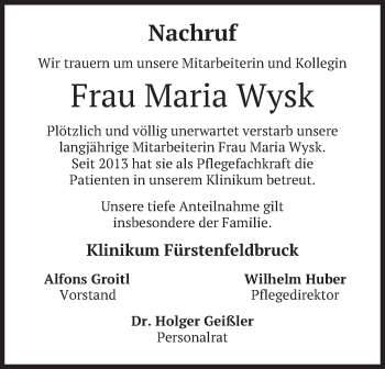 Todesanzeige von Maria Wysk von merkurtz
