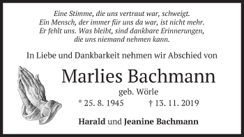 Todesanzeige von Marlies Bachmann von merkurtz