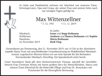 Todesanzeige von Max Wittenzellner von merkurtz