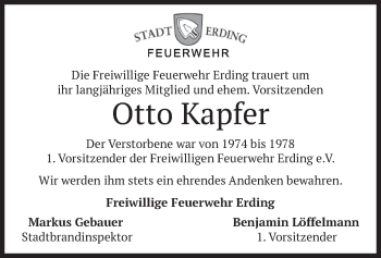 Todesanzeige von Otto Kapfer von merkurtz