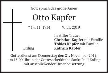 Todesanzeige von Otto Kapfer von merkurtz