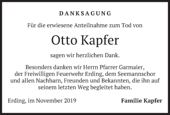 Todesanzeige von Otto Kapfer von merkurtz