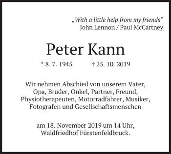 Todesanzeige von Peter Kann von merkurtz